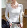 Women Square Neck Long Sleeve Slim Fitted Solid Color T Shirt Casual Basic Top