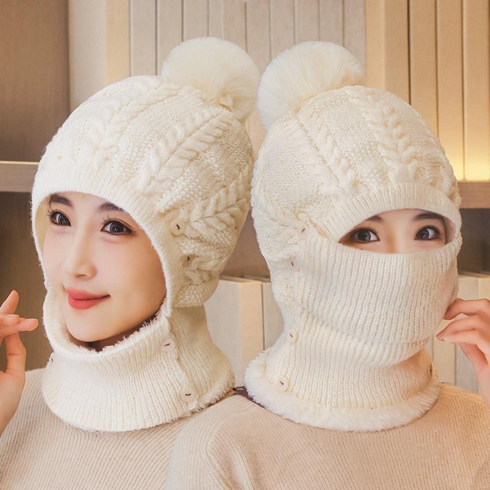 Wool Knitted Women Wool Knitted Hat Thick Face Warmer Pompoms Cap Windproof Winter Ski Hat