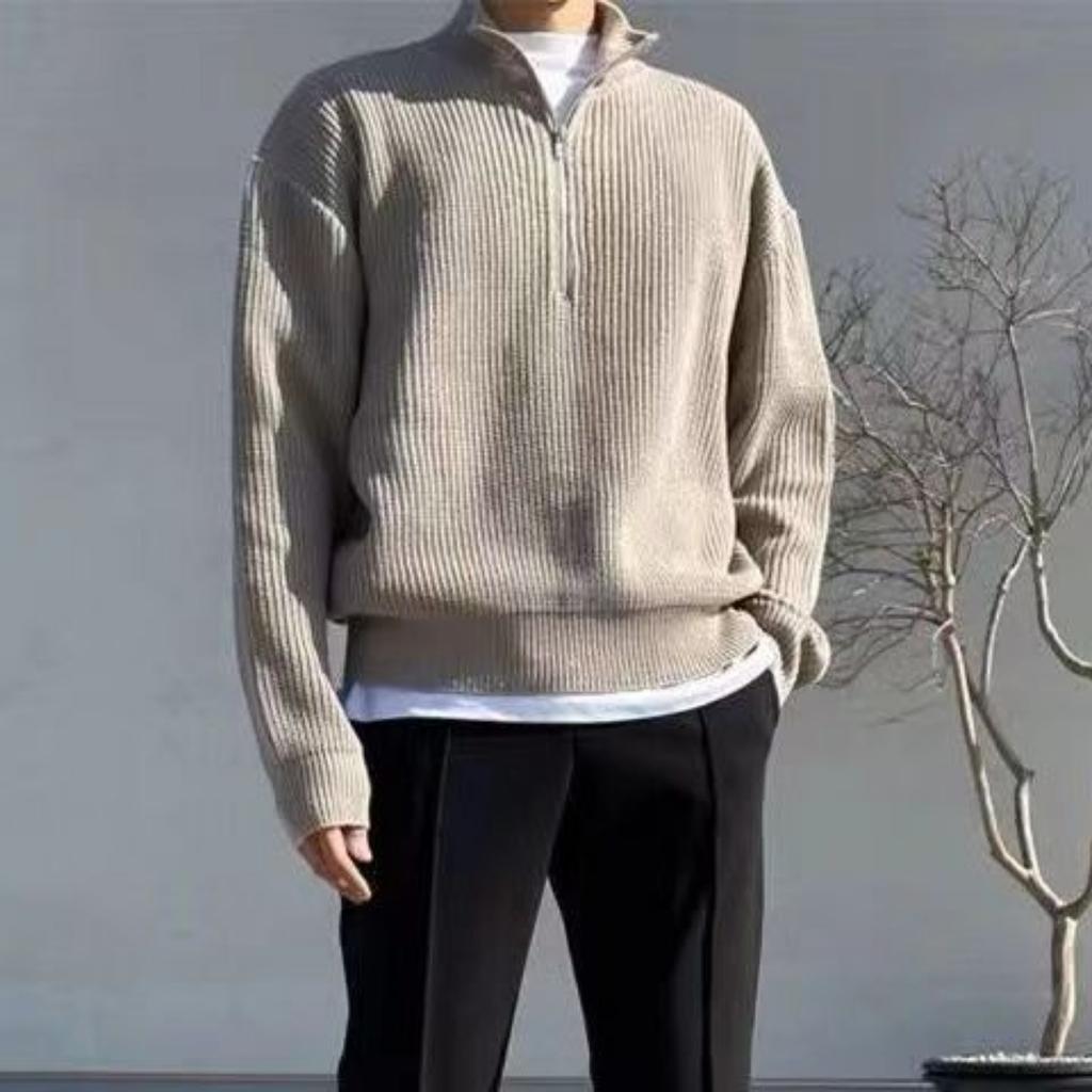 Spring and Autumn Loose Fashion Half Zipper Hooded Sweater for Men, Hong Kong Style Versatile and Casual Design, Stand Up Collar Knitted Sweater