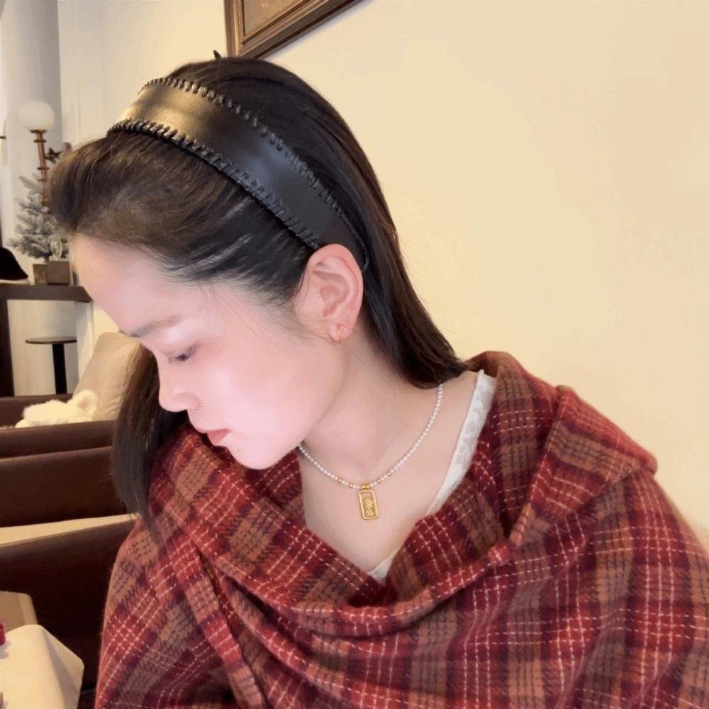 Non-Slip Leather Headband Solid Color Wide Edge Hairband Vintage Women Hair Hoop Lady