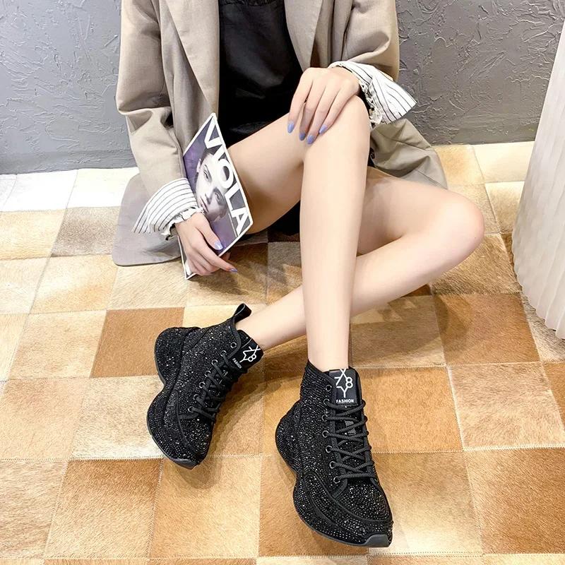 Moda Primavara Toamna Moda Pantofi ocazional cu diamant complet Pantofi cu platforma de cristal Pantofi de dama Incaltaminte pentru femei Pantofi de tenis cu platforma