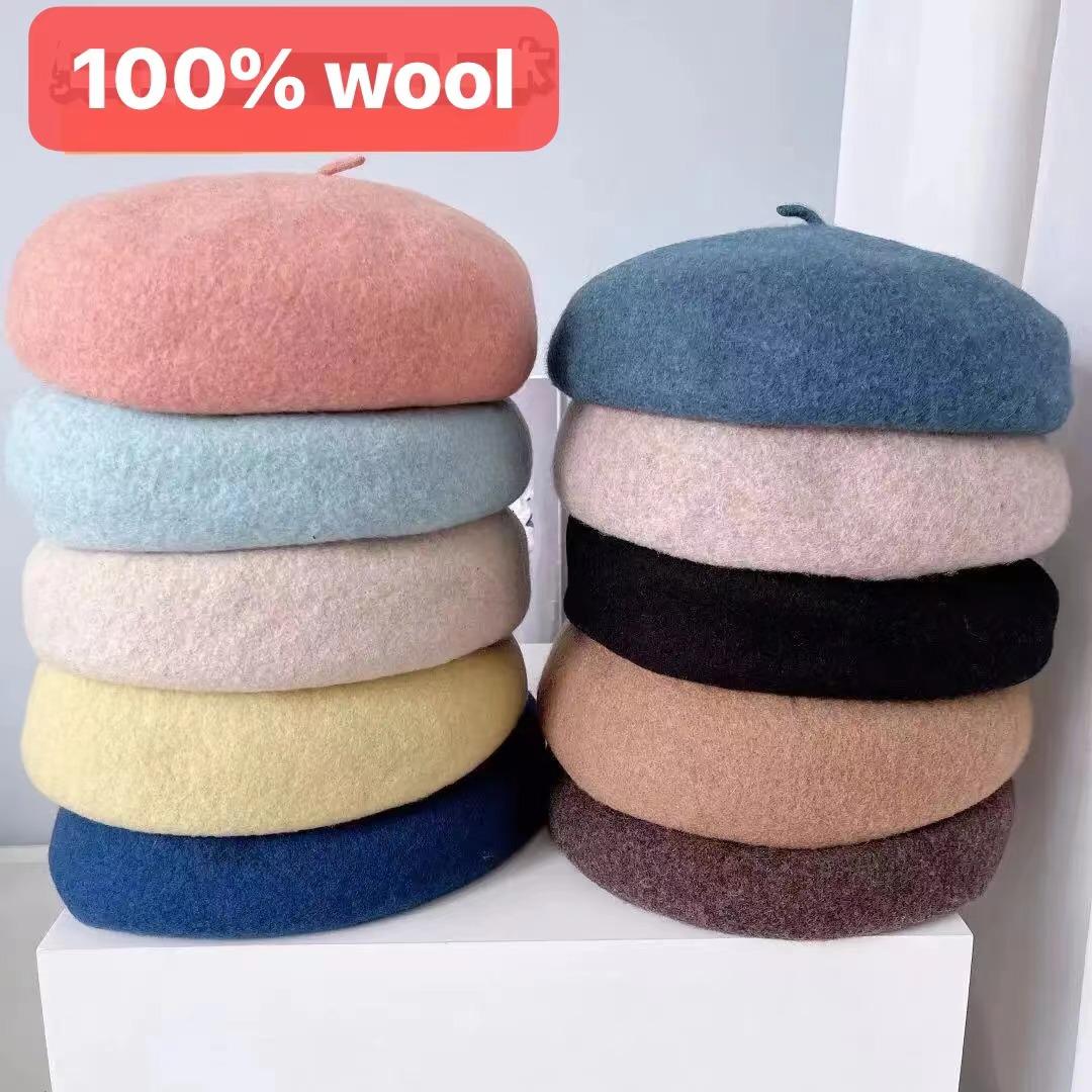 

Японские цветные береты Macaron, детские осенне-зимние австралийские шерстяные шапки, однотонные, высококачественные шляпы-грибы 56-58cm кармин