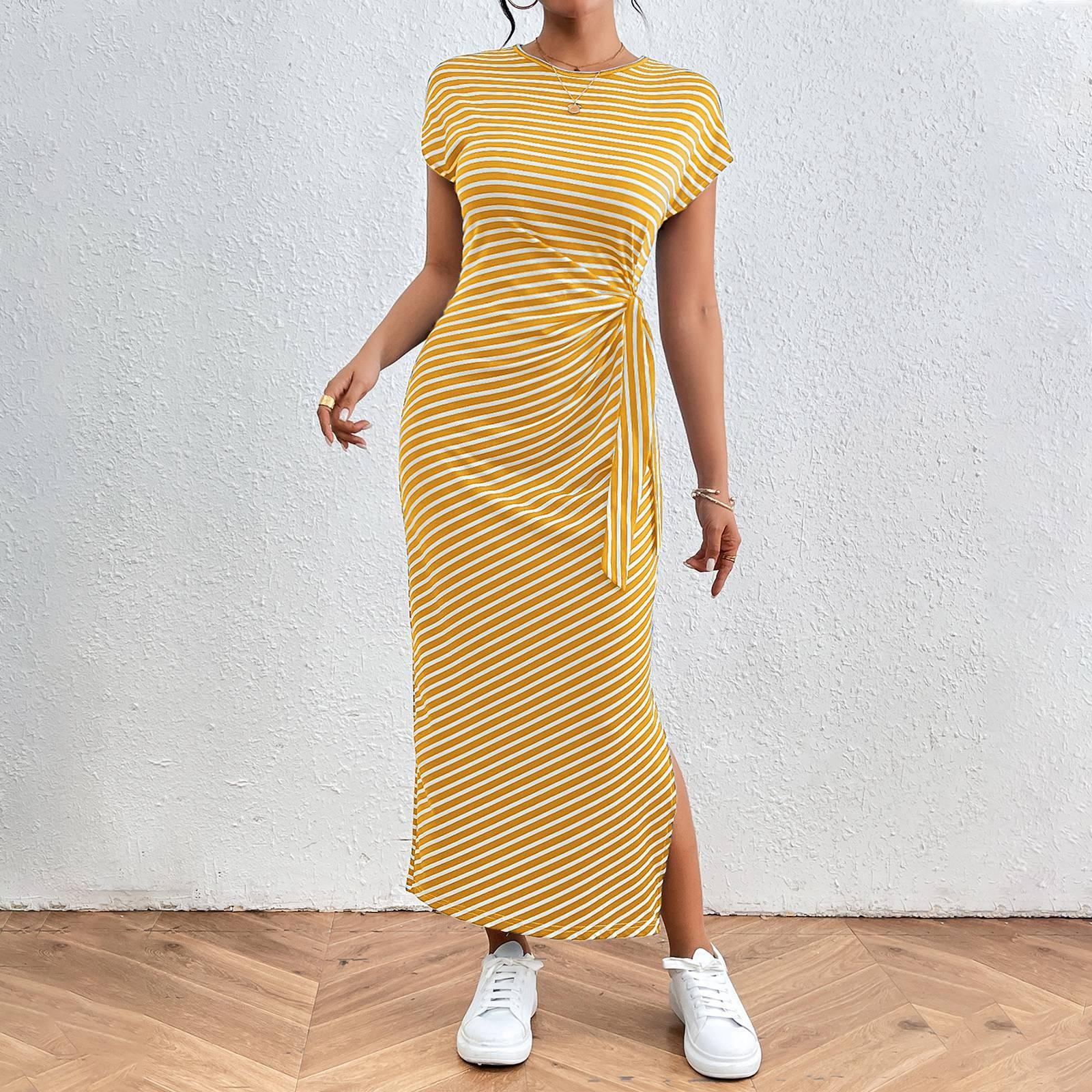 

Женское модное платье с круглым вырезом в полоску, короткими рукавами, облегающим кроем и разрезом для похудения XL жёлтый