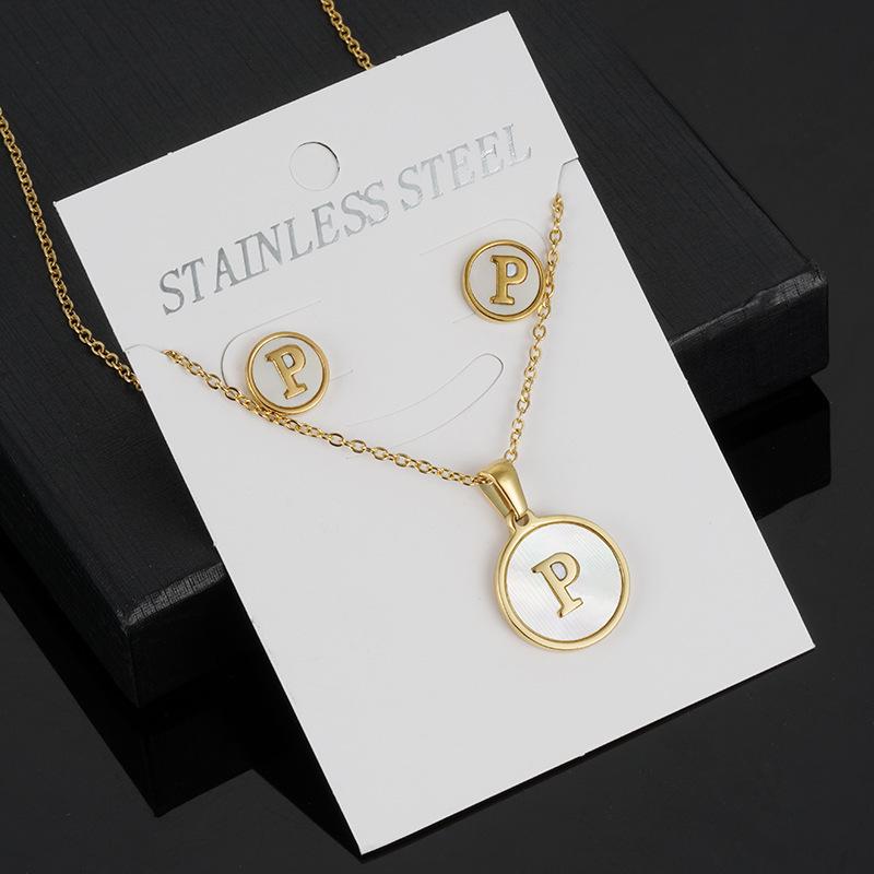 18K Gold-Plated Stainless Steel Alphabet Necklace Set: Cross-Border Women’s 26-Letter Round Shell Pendant