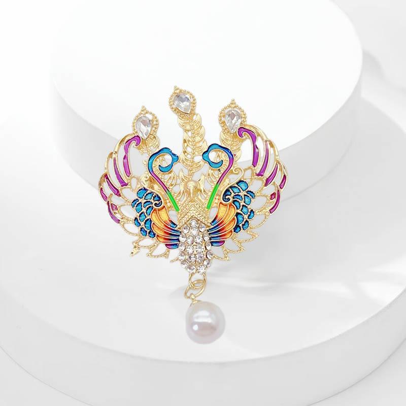 Luxurious Colorful Phoenix Brooch for Women Peacock Brooch Retro Pearl Brooch