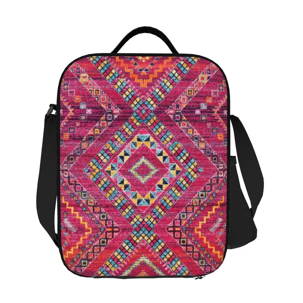 Vintage Pink Oriental Bohemian Moroccan Artwork Thermal Lunch Bags Geometric Diamond Lunch Tote Outdoor Storage Bento Food Box