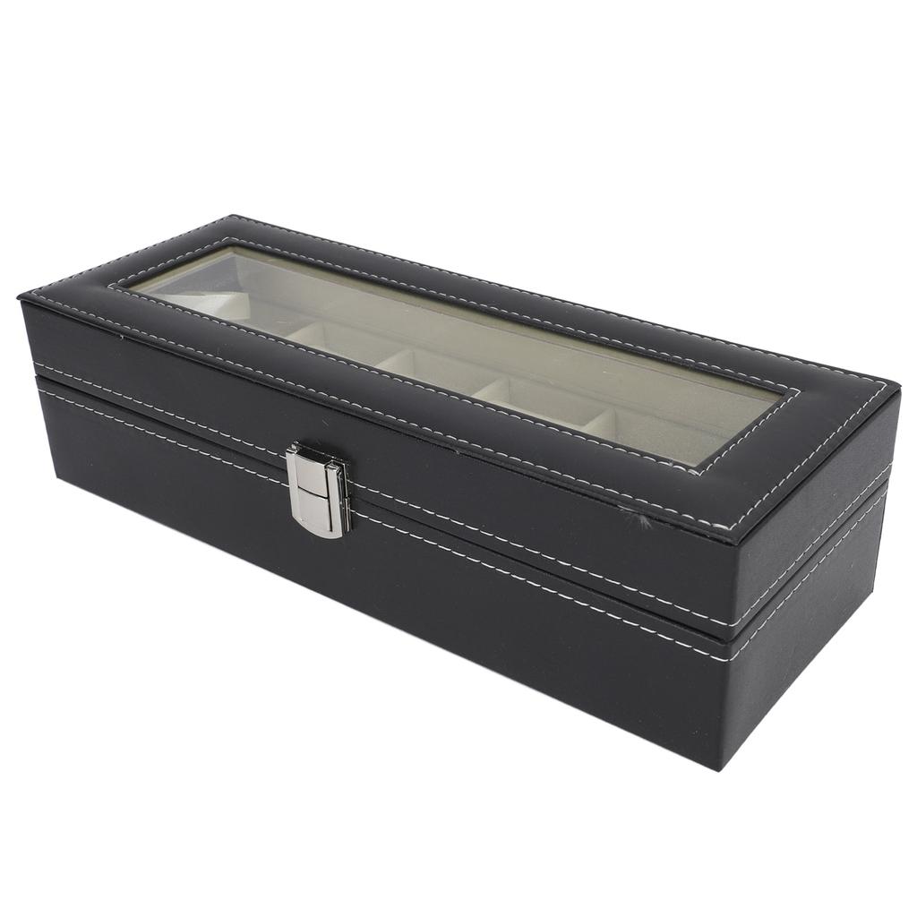 Uhrenbox PU-Leder 6 Fächer Uhrenetui Schmuckaufbewahrungsbox mit Klarsichtdeckel für Zuhause