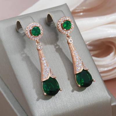 1 Pair Golden Color Red Green Stone Teardrop Dangle Earrings for Women Water Drop Zircon Party Wedding Fine Jewelry