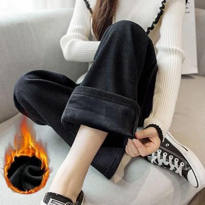 Wide Leg Pants Women Fleece Lined Thick Warm Plush Draping Floor Length Loose Straight Leg Casual Trousers