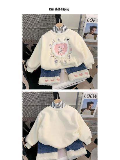 Toddler Girls' Cartoon High-Neck Sweatshirt, Autumn/Winter 2025, Velvet Pullover, Cute and Stylish