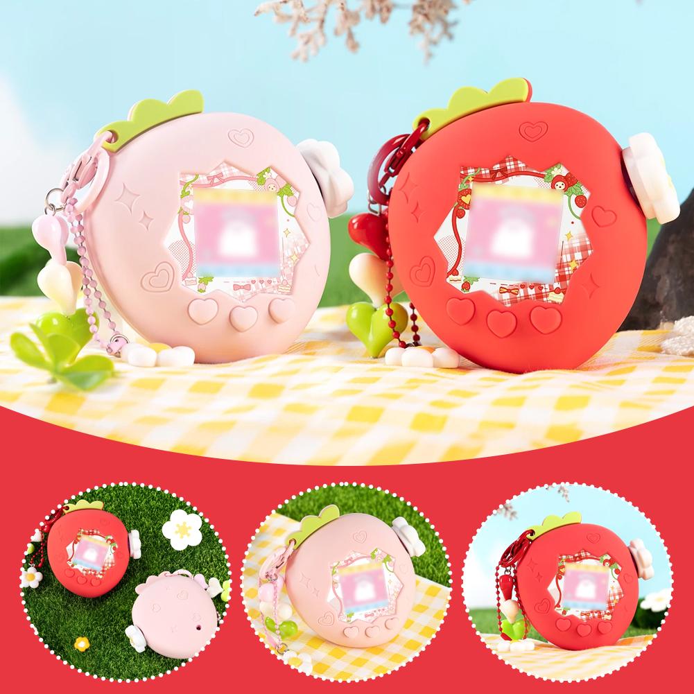 Silicone Protective Cover with Panel Paper Pendant Red Pink Strawberry Decorative Cover Knob Cover for Tamagotchi Paradise