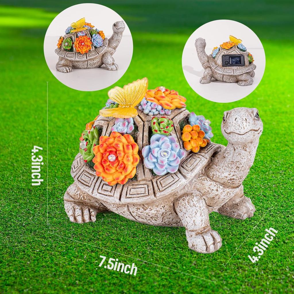 Solar Garden Outdoor Statues with Succulent and 7 LED Lights - Lawn Decor Tortoise Statue for Patio, Balcony, Yard Ornament - Unique Housewarming