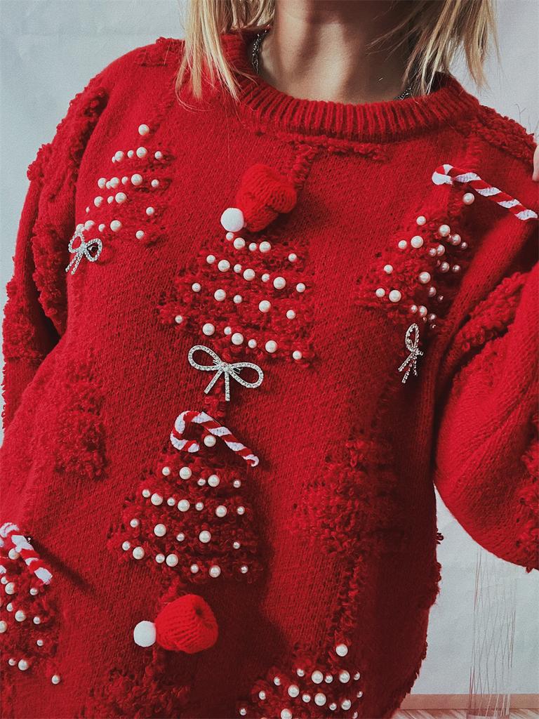 Handmade pearl Christmas themed sweater with three-dimensional decoration, New Year holiday sweater pullover 3575 KTB