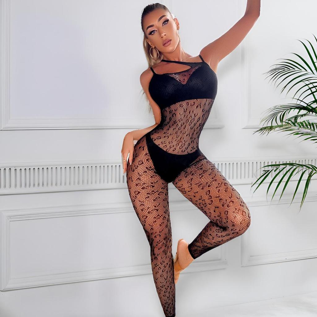 Sexy Leopardendruck Mesh Neckholder Jumpsuit mit offenem Rücken und Schritt