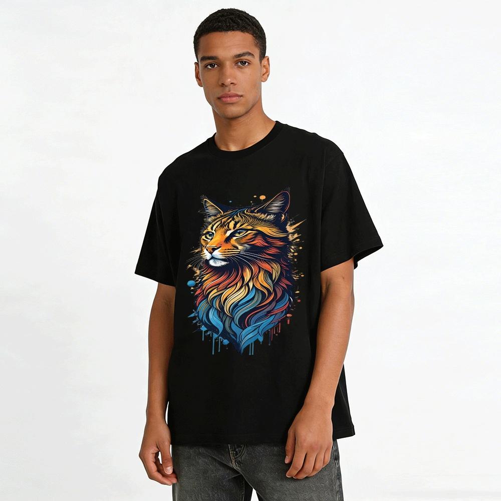 Artistic Maine Coon Print Casual Crew Neck T-Shirt Pure cotton T-shirt