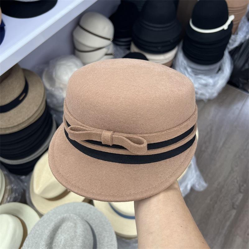 Japanese Wool Riding Cap - Contrast Bow Equestrian Hat for Women, Autumn Winter Fashion Face Slimming