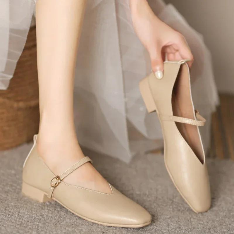 Woman Spring Casual Square Toe Low Soft Soled Shoes Lolita Ballerina Red Flats Female Elegant French Retro Buckle Mary Janes