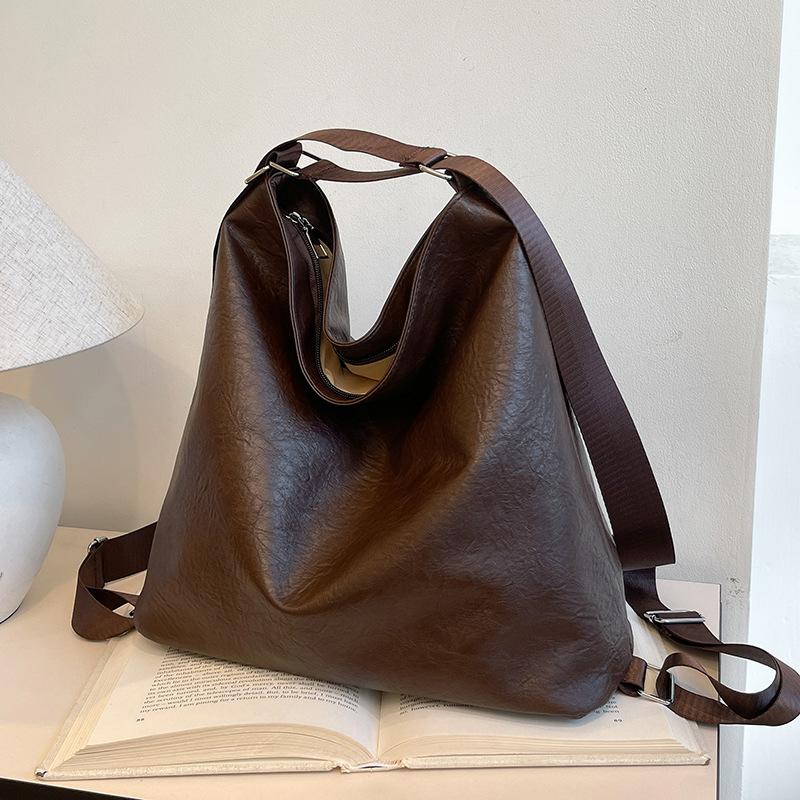Textured Oily Skin Large Capacity Lazy Wind Soft Surface Solid Color Retro Casual Commuting Single Shoulder Underarm Tote Bag Women
