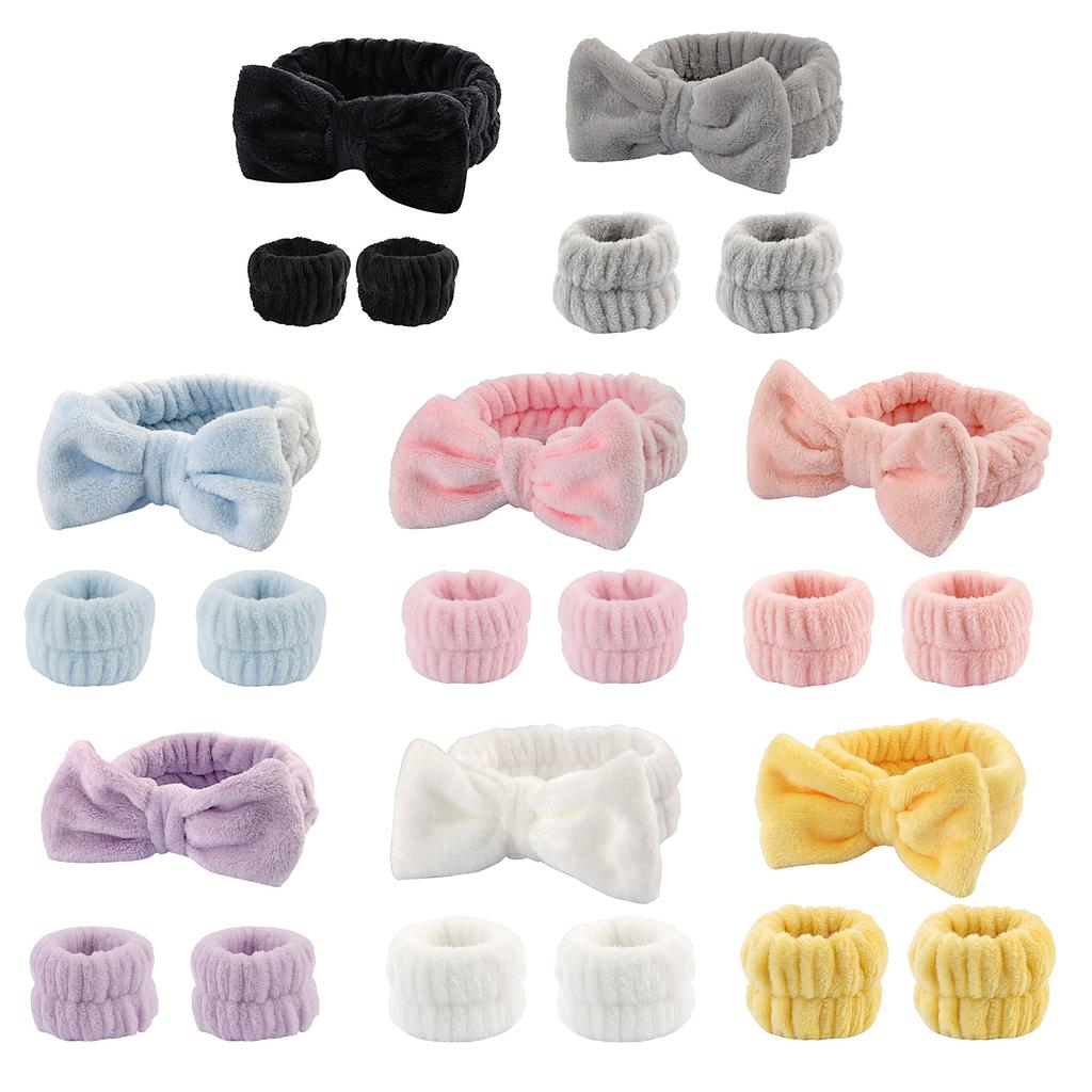 1set Elastic Women Shower Hairband & Wristband Cute Bowknot Plush Face Wash Hairband Home Makeup Headband Wristband