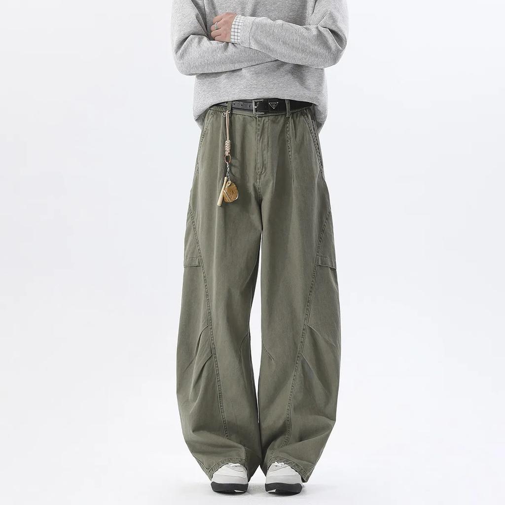 Men Vintage Brown Wide Leg Cargo Pants Men Casual Baggy Trousers Diagonal Stitching Streetwear Fashion Loose Straight Fit Pants
