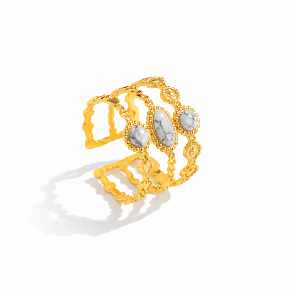 Classic Stainless Steel Ring Gold Stone Ring Fashion Hollowed Out Ring  for Men Women