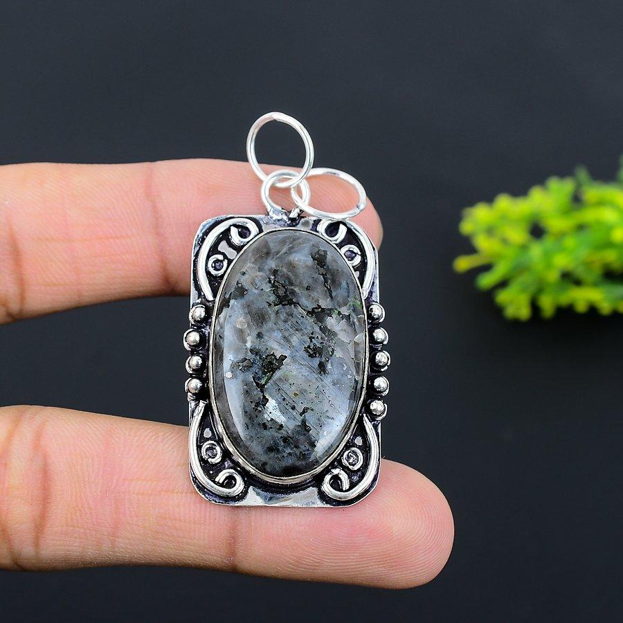 Natürlicher Larvikit Edelstein Handgefertigter 925 Sterling Silber Anhänger 2,21" T5a38