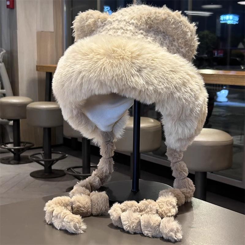 Winter warm ear protection cute plush hat women's plush thickened knitted wool hat imitation fur show face small Lei Feng hat