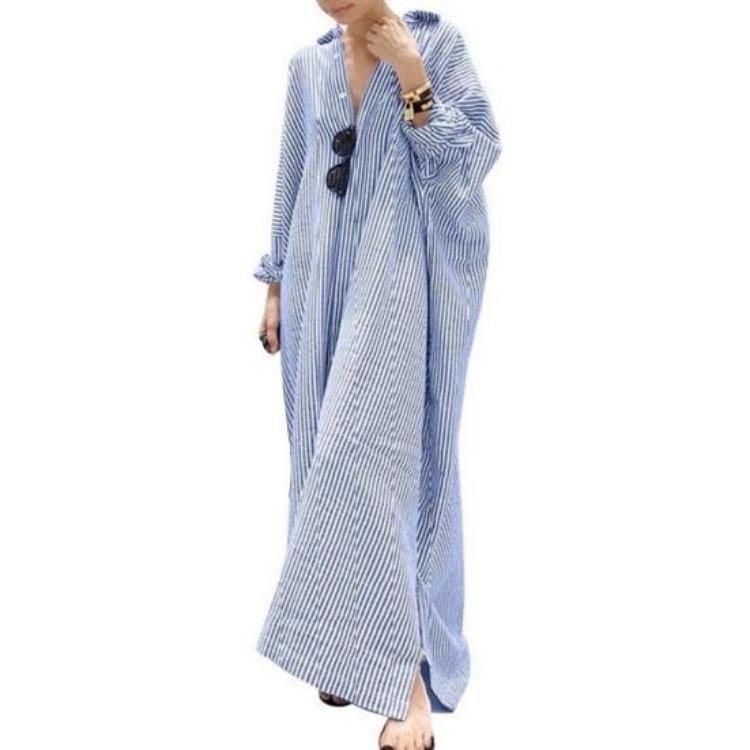 

Plus Size Women Maxi Dress Striped Print Lapel Long Sleeve Loose Shirt Type Single Breasted Split Hem Soft Breathable Spring Lady Dress M синий