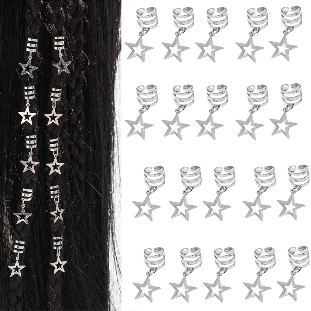 Gold & Silver Plated Dreadlock Hair Extension Rings - 20pcs Star Design DIY Accessory Set