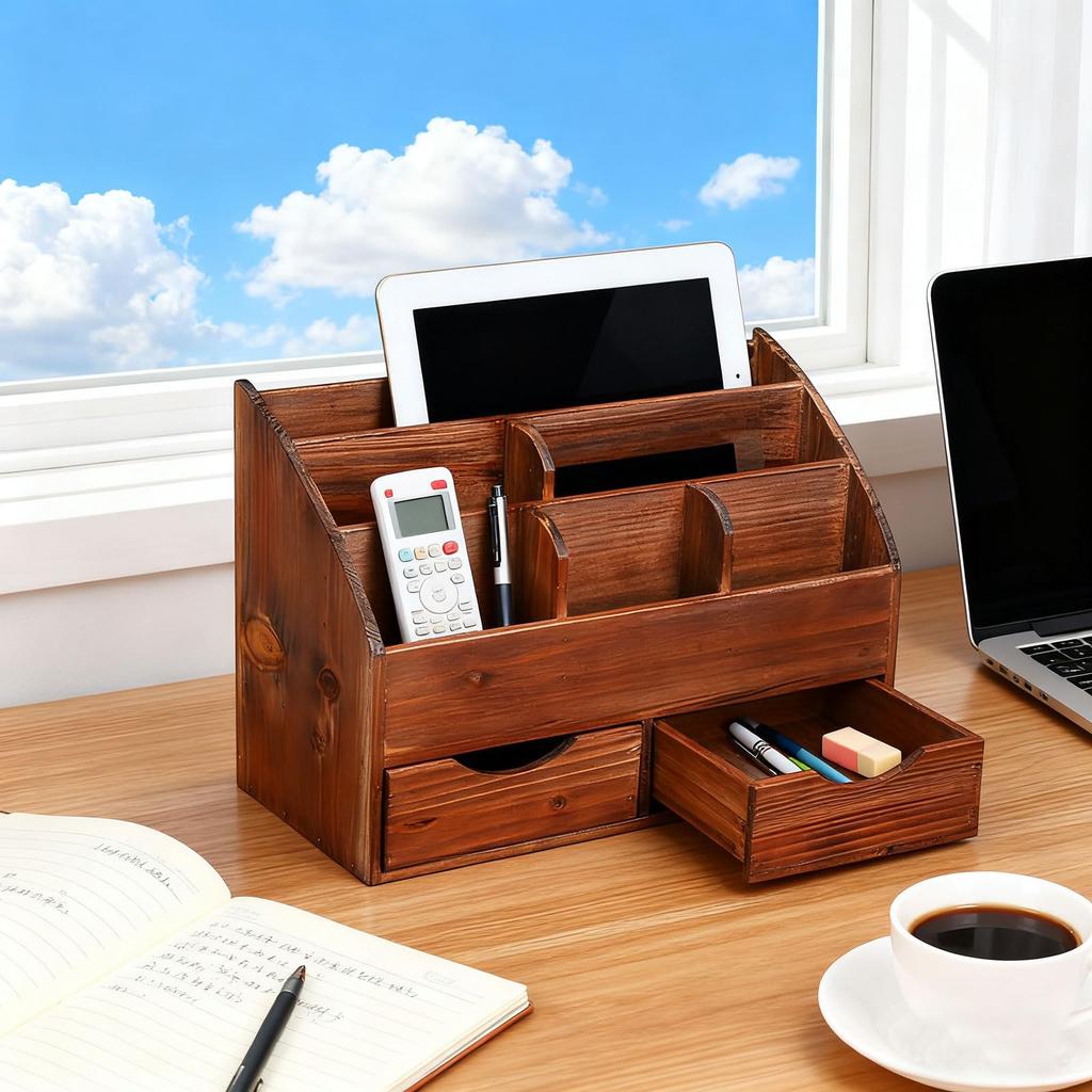 Juleduo Schreibtisch Buchständer, Bücherregal, Organizer, Kleinteileaufbewahrung, Schublade, Tischplattenaufbewahrung, Holz-Zubehörregal, Fernbedienungshalter (Braun)