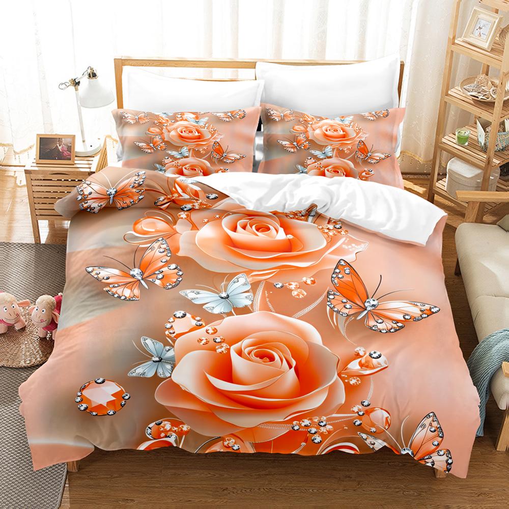 Pink Crystal Butterfly Bedding Set 3D Print Duvet Cover Pillowcase Breathable Wrinkle-Free For Bedroom Decor