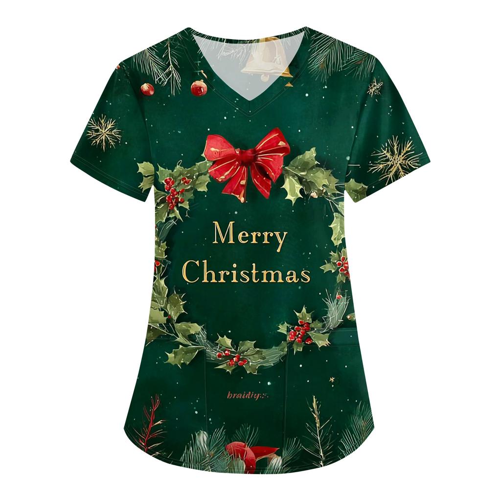 Women's Fashion V-Neck Short Sleeve Overalls With Pockets Christmas Printed Tops  Clothes