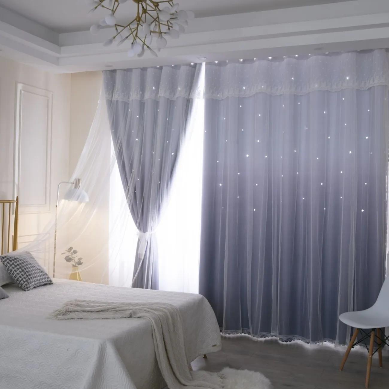 

2 шт., простая градиентная цветная занавеска со звездами, занавеска принцессы Ins с высоким затемнением, для спальни, гостиной, двойная тканевая марлевая занавеска W100*H270cm*2pcs фиолетовый