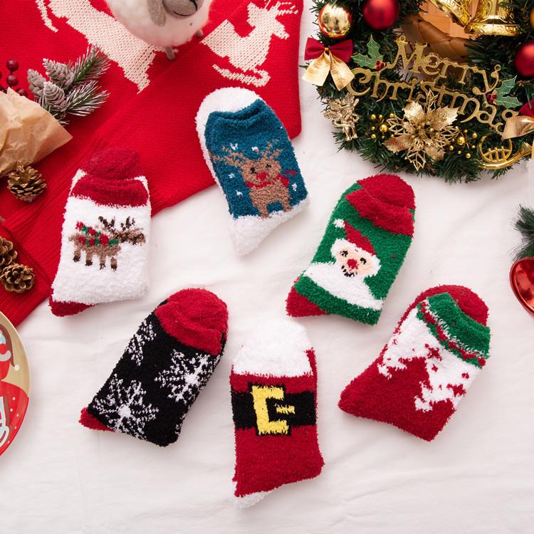 Autumn And Winter Coral Fleece Christmas Women'S Socks Home Heating Floor Socks Chinese New Year Festive Big Red Socks Female Cartoon Elk Socks