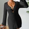 Vestito estivo in maglia traforata Copricostume Scollo a V profondo Manica a campana Bodycon Mini abito da spiaggia