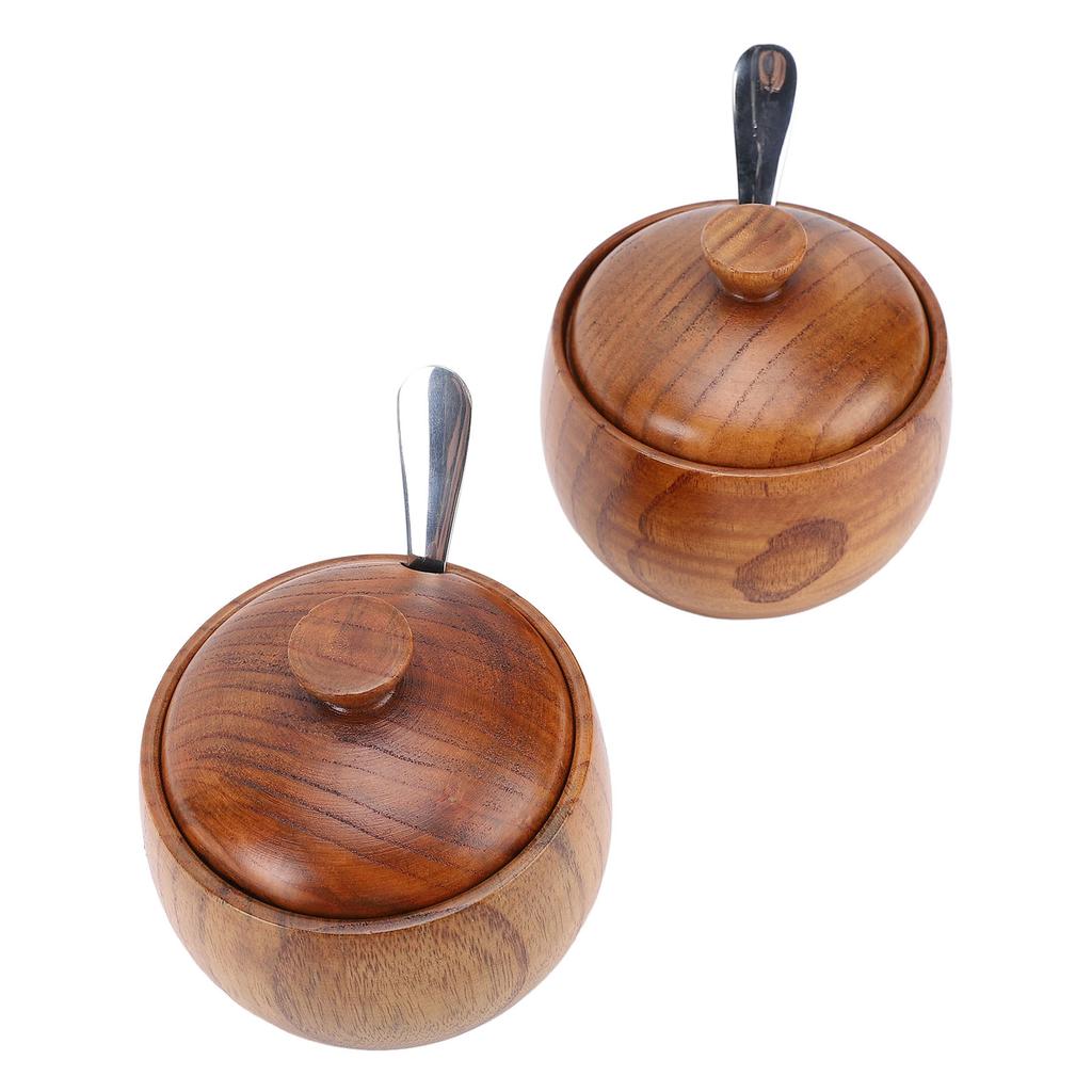 2pcs Wood Salt Bowl Multifunctional Salt Jar with Lid Spoon for Sugar Condiment Spices
