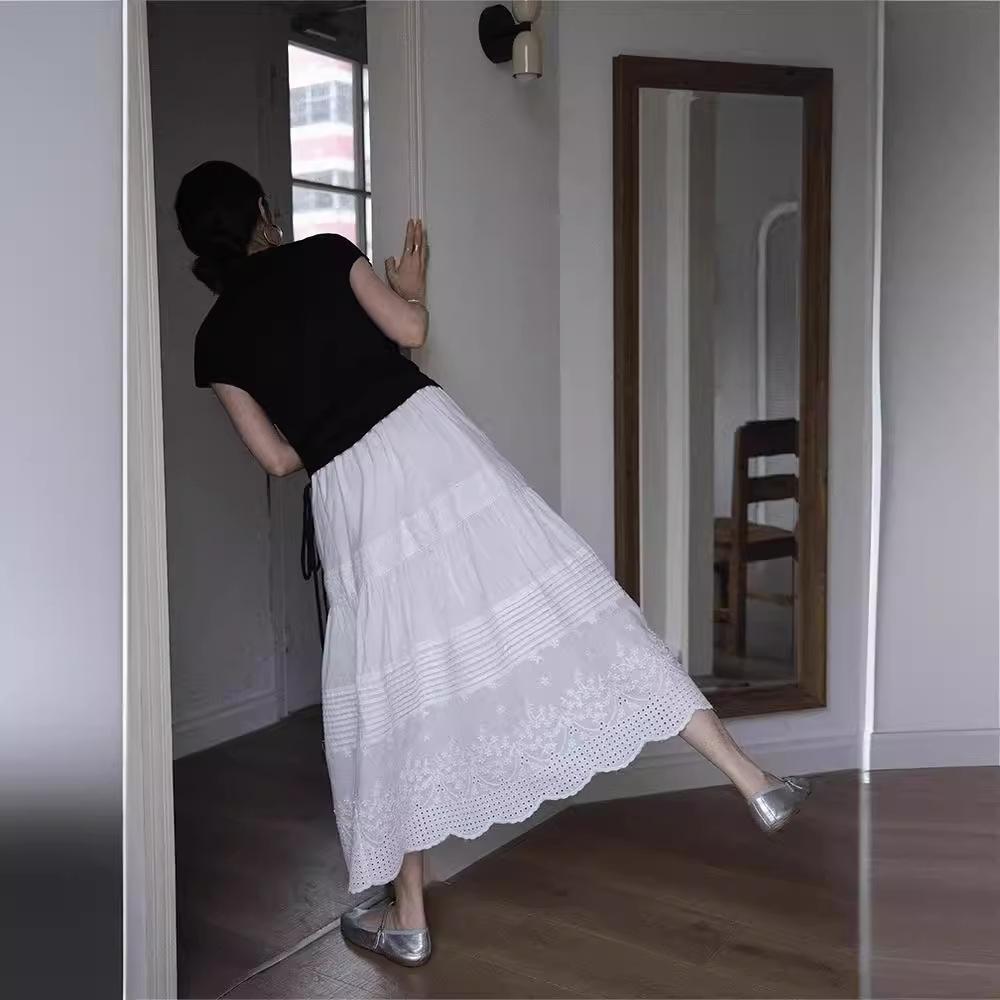 French White Lace High-waist Skirt WoMan's Summer Thin Drape Mid-length A-line Umbrella Skirt