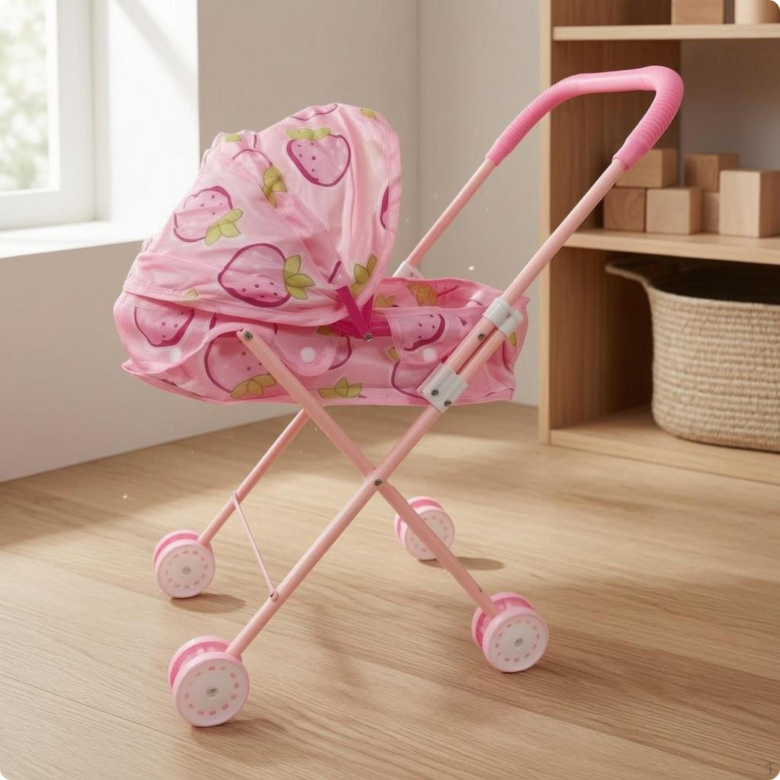 Foldable Doll Carriage Textile Seat Pretend Play Pushchair Lightweight for Children Strawberry