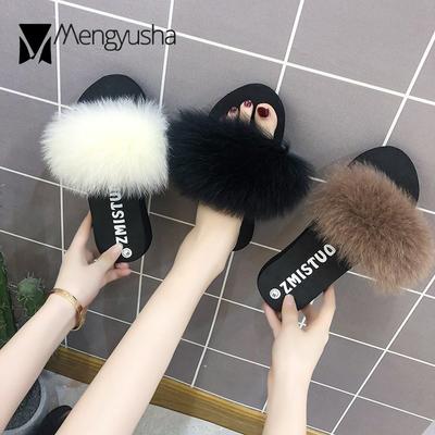 Fashion Fairy Wedges Mink Fur Slippers Women Platform Shoes Furry Flip Flops  Pantuflas Thicken Soled Fox Fur Slides Plus Size 36-41
