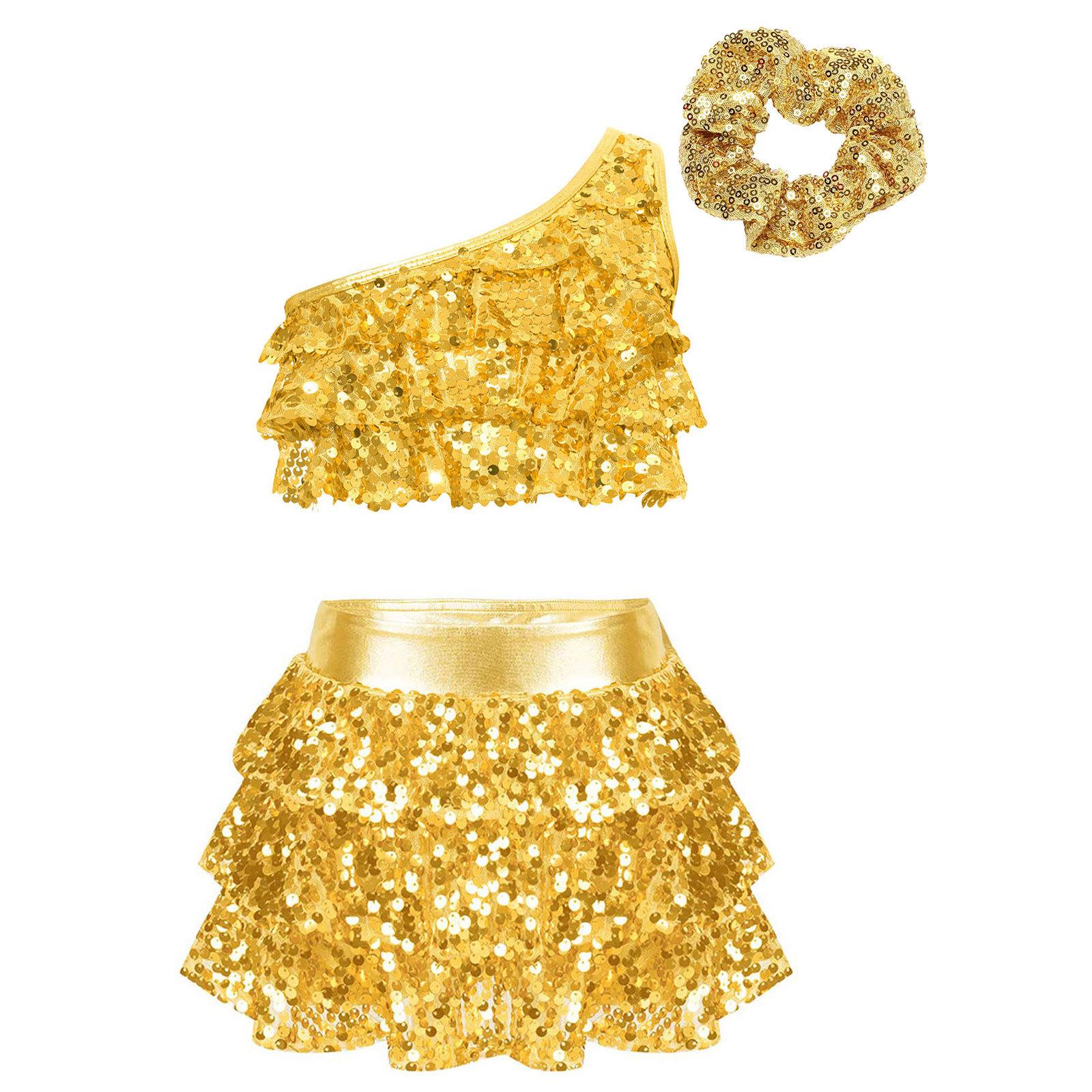 

Костюм для танцев для девочек на одно плечо, блестящий укороченный топ с пайетками, многоуровневые оборки, юбка, шорты и подходящие аксессуары для волос 3-4 Years золотой