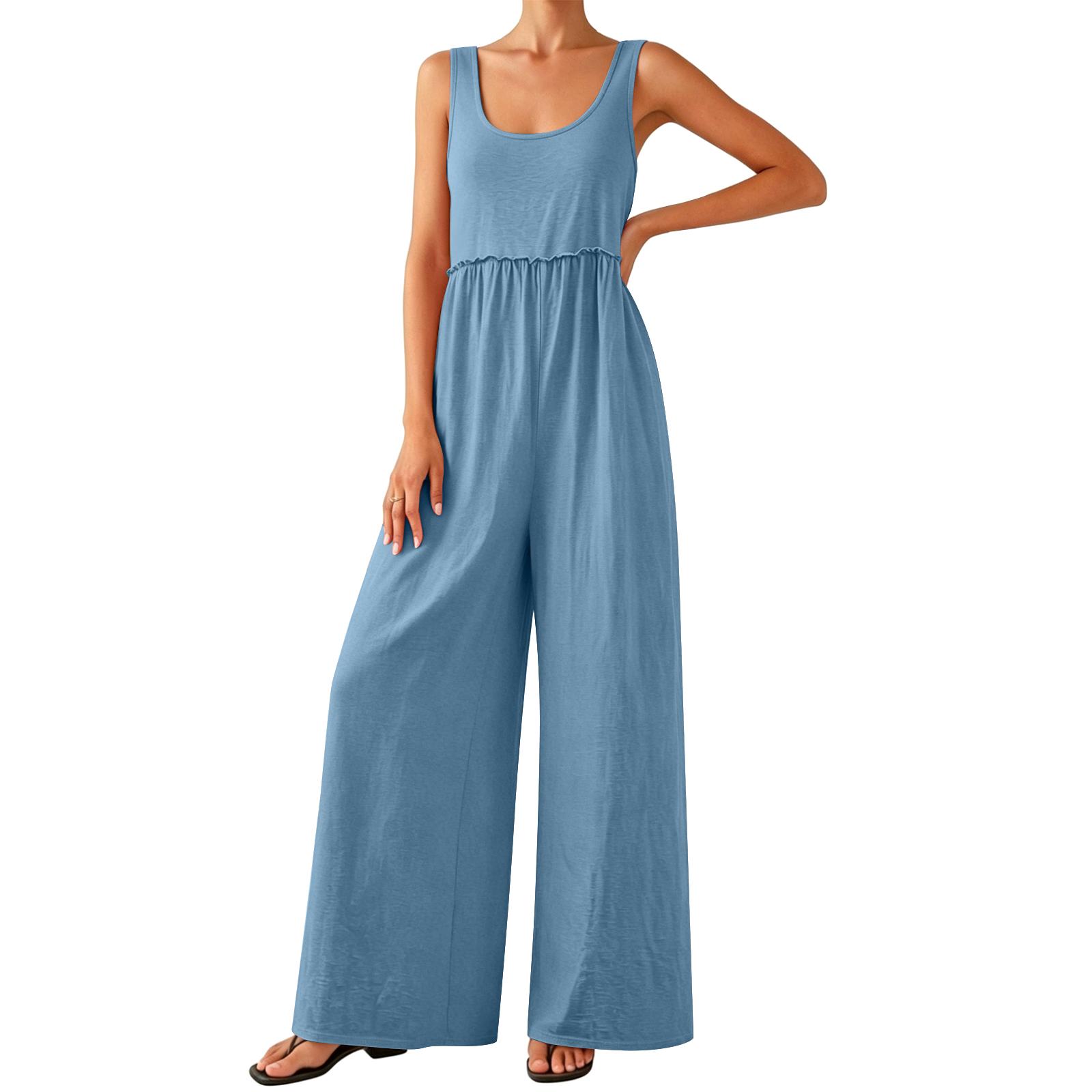 

Sleeveless Wide Leg Jumpsuit for Women Loose Fit Long Pants with Elastic Waist Lightweight Fabric Outfit S синій