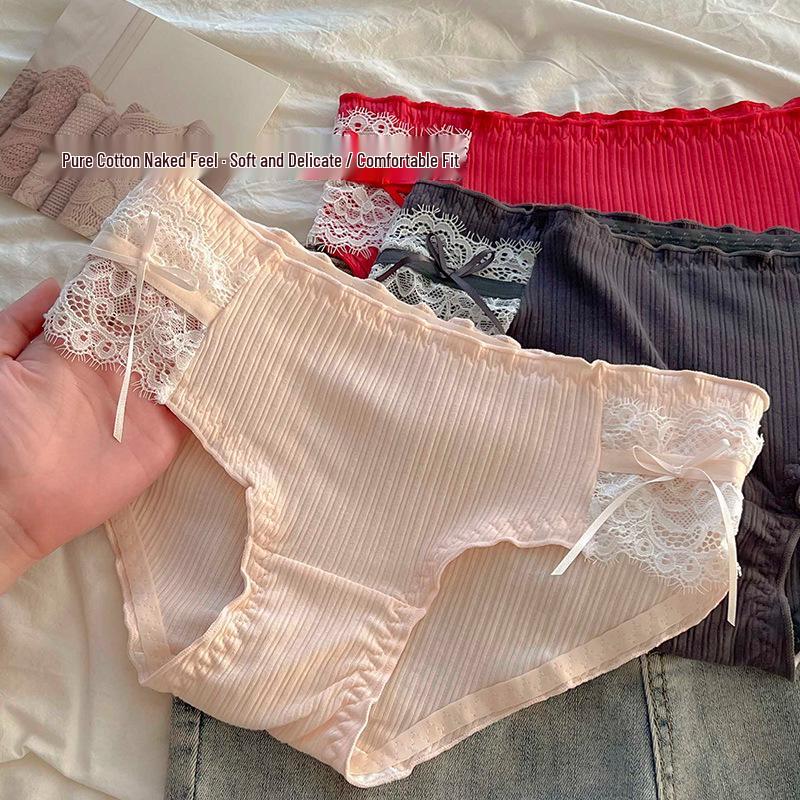 Sweet Lace Antibacterial Women's Elegant Cotton Mid-Waist Bow Briefs
