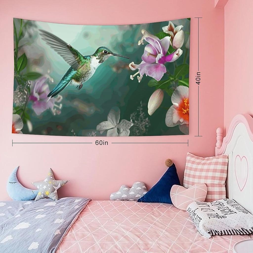 Tranquil Hummingbird Tapestry,Peaceful Green Hummingbird Flying By Pink And White Flowers Print Wall Hanging For Cozy Home Decor