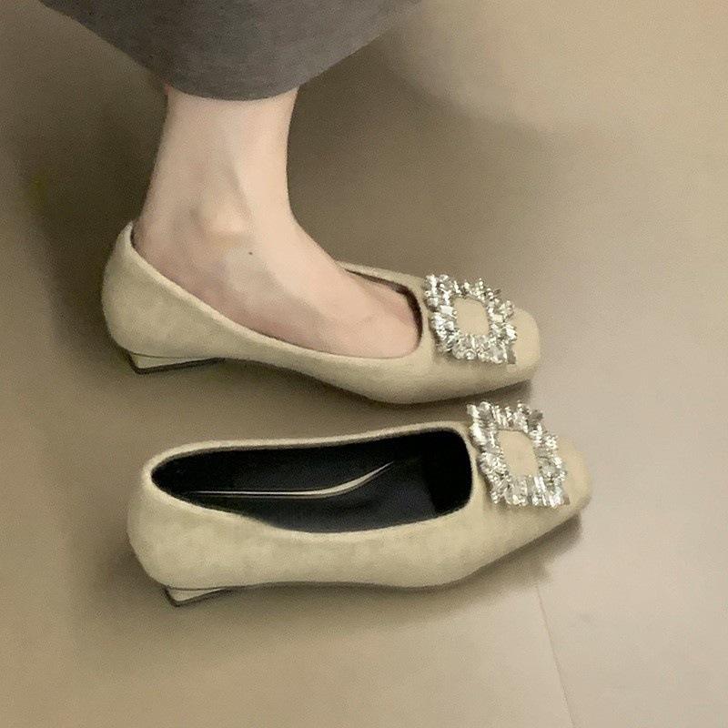 Rhinestone temperament thick heel single shoes women's autumn square head commuting low heel ladyshoes