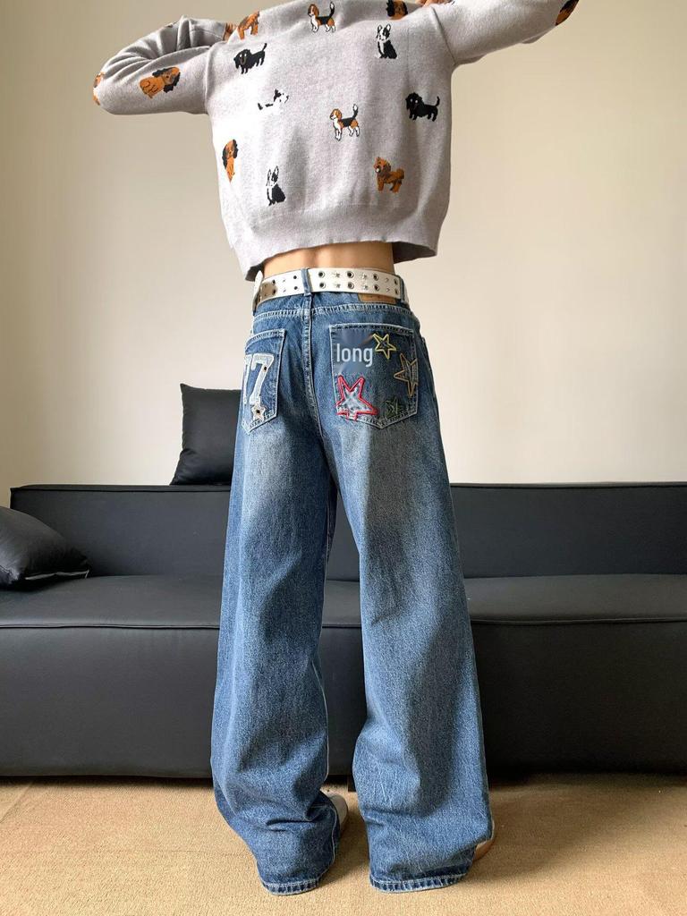 Jeans pour hommes automne coupe ample brodés d'étoiles jambes larges