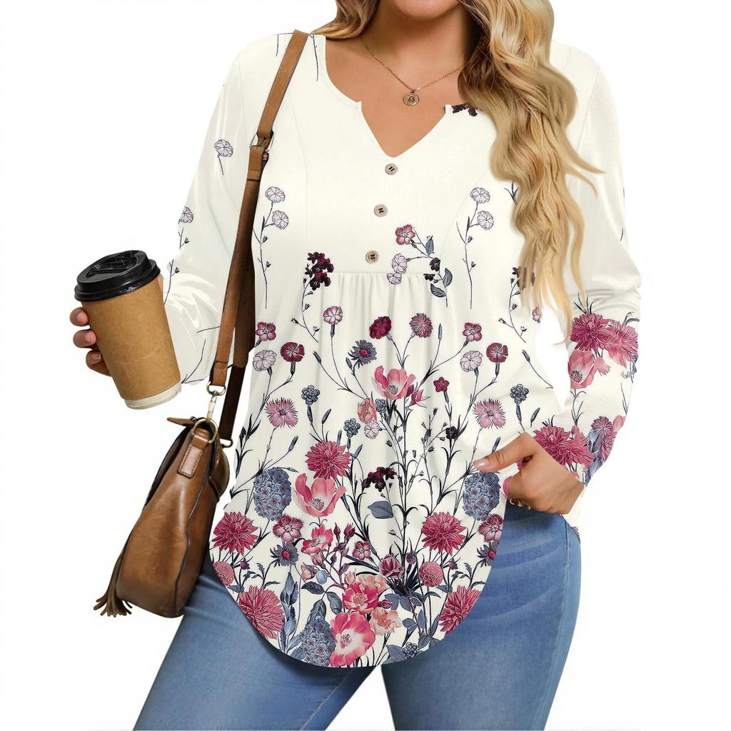 Womens Plus Size Long Sleeve Shirts  V Neck Tunic Tops Basic Loose Fit Tee Tops