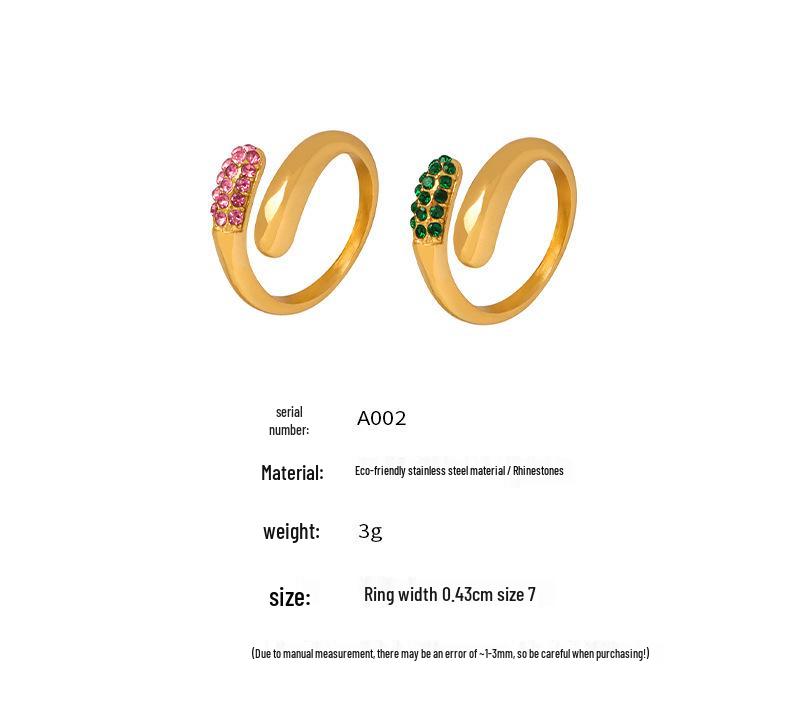 Simple Green & White Rhinestone Tri-Color Open Ring: 18K Gold-Plated Stainless Steel, European & American Style.