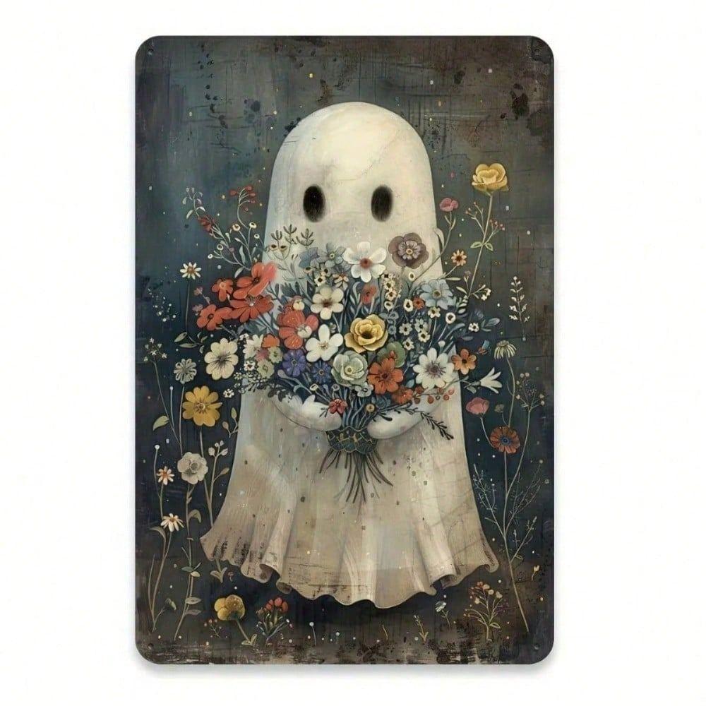 Vintage Ghost with Bouquet Metal Sign Wall Decor Halloween