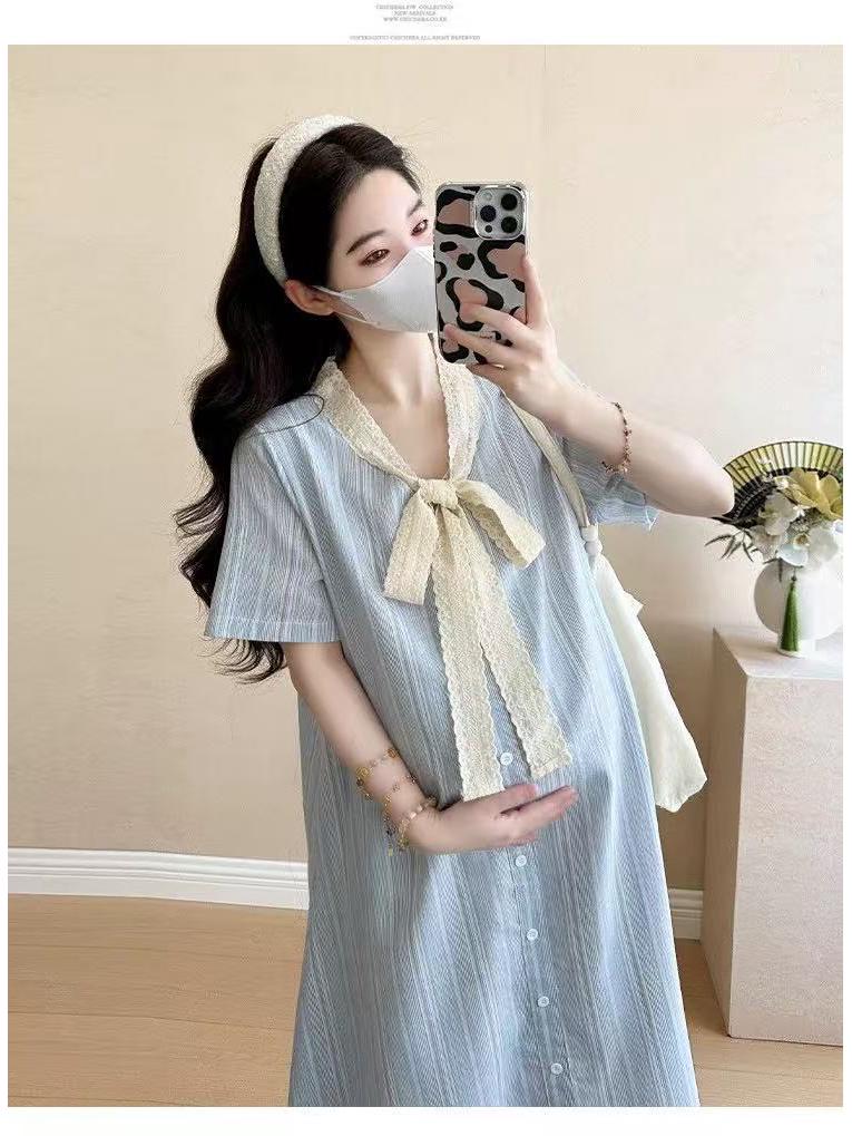 2026 Summer Korean-Style Maternity Dress: Single-Breasted, Lace Patchwork, Bowknot Design, Faux Two-Piece