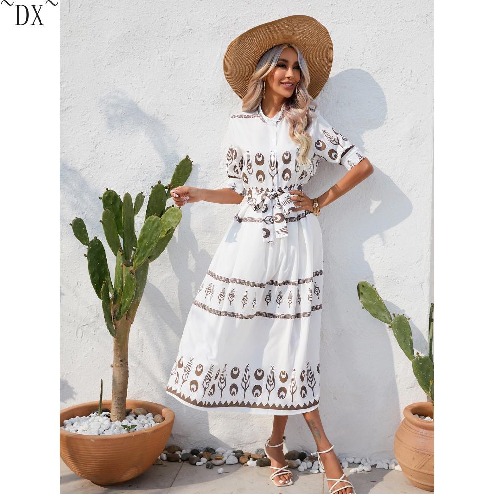 DX~~~ Sommerkleid mit bedrucktem Fünf-Punkt-Ärmeln